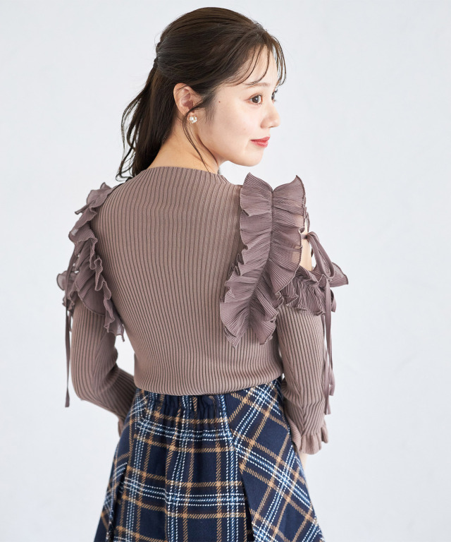ykkn様 オーダー品 りぼん付きシフォンプリーツ切り替えリブニットプルオーバー