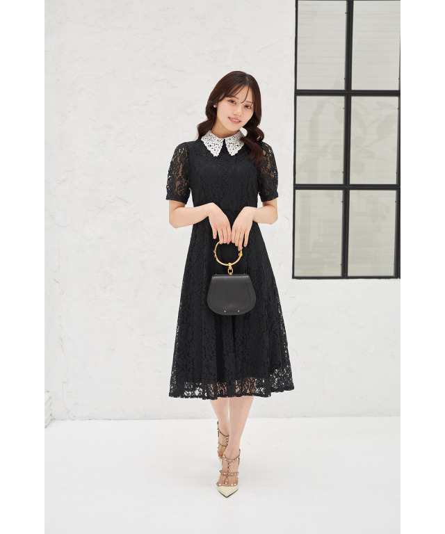 ▼24SS 未使用級✨ティッカ 総レースフラワーノーカラージャケット 羽織 黒 襟付き配色レースワンピース