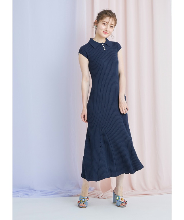 ガーリーな今旬おめかし 襟付きフレンチスリーブリブニットロングワンピース ガーリーな今旬おめかし 襟付きフレンチスリーブリブニットロングワンピース