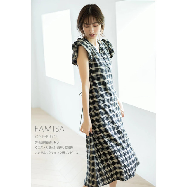 お洒落偏差値ｕｐ ウエストりぼん付き飾り釦装飾スカラネックチェック柄ワンピース