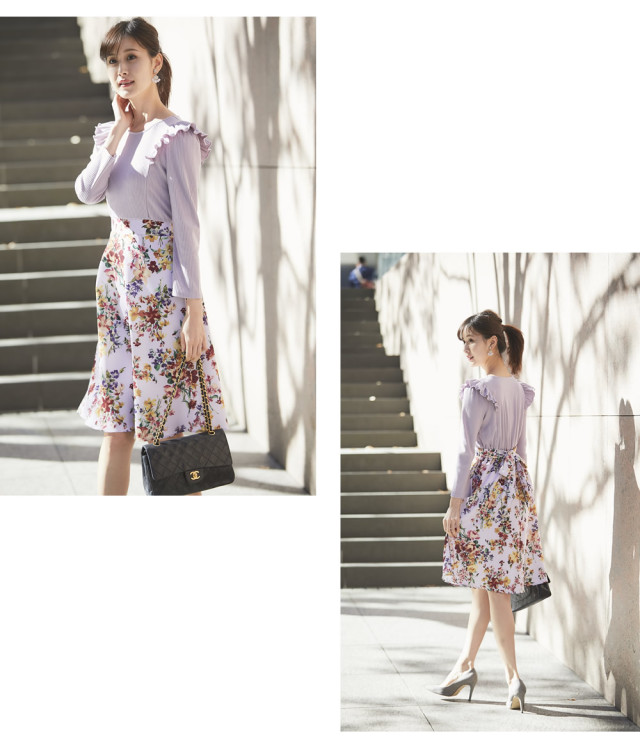 肩フリル付き2WAYウエストりぼんリブニットソー×フラワープリント  