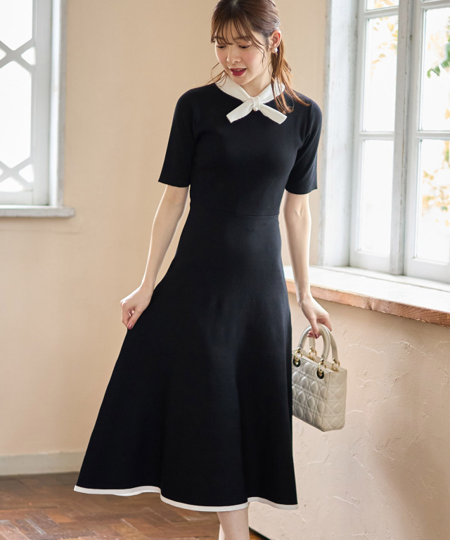 パール付きボウタイリボン配色ニットワンピース 