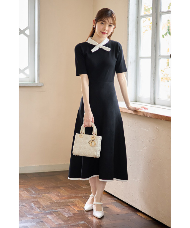 パール付きボウタイリボン配色ニットワンピース　ブラック tocco closet（トッコ クローゼット）の「【ZOZO限定】パール