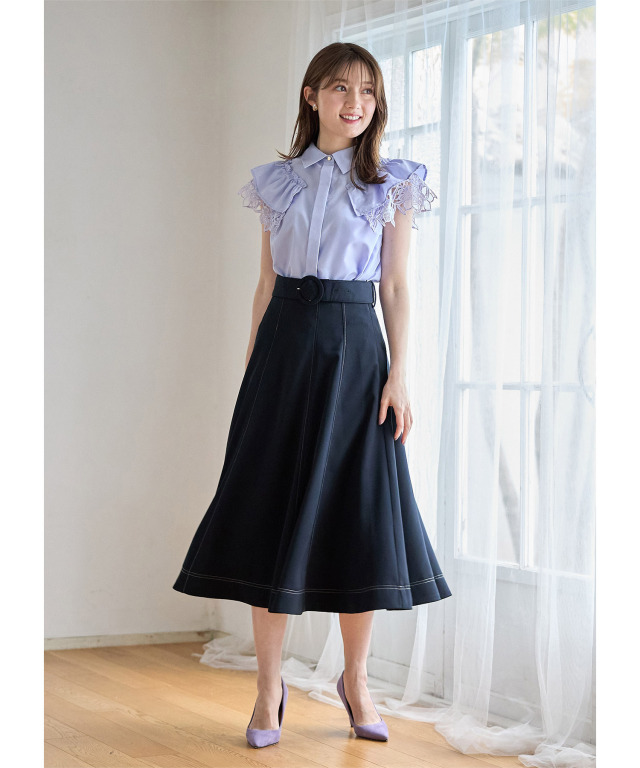 MSGMフレアスカート ウエストベルト付き くるみバックルベルト付き配色ステッチフレアスカート