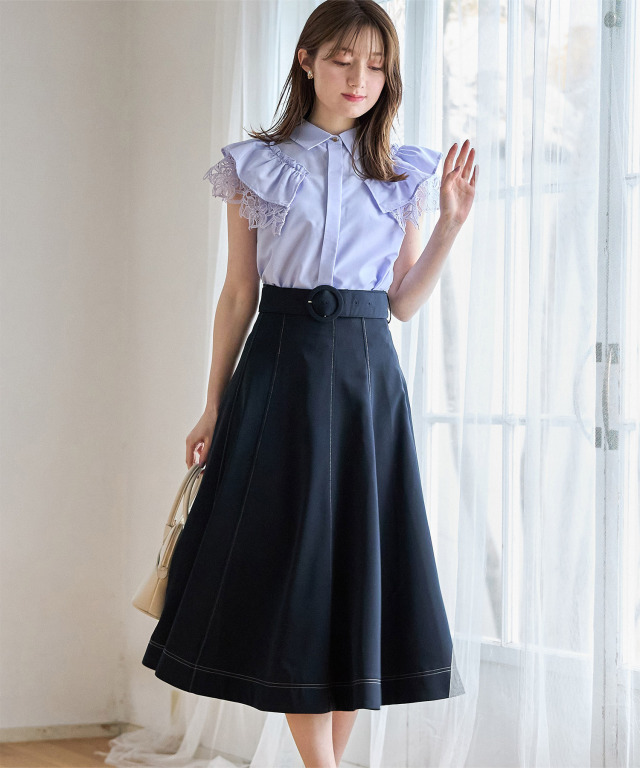 くるみバックルベルト付き配色ステッチフレアスカート 