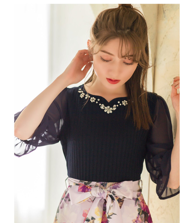 ウエストりぼん付きパールビジュー装飾フラワープリントドッキング  