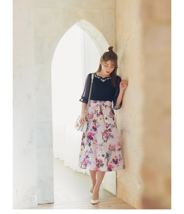 ウエストりぼん付きパールビジュー装飾フラワープリントドッキング  