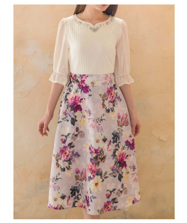 ウエストりぼん付きパールビジュー装飾フラワープリントドッキング  