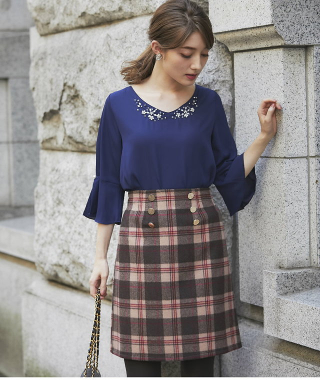 人気】ロペ フレンチシック ウール混 チェック柄 台形ミニスカート  