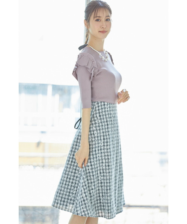 バックレースアップデザインギンガムチェック レースボンディングフレアスカート