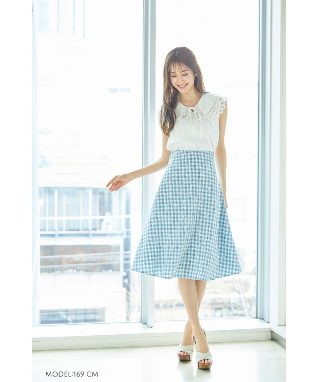 バックレースアップデザインギンガムチェック レースボンディングフレアスカート