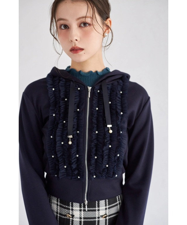 パール付きフロントチュールフリルパーカー