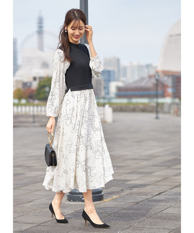 シャーリングスリーブニットベストドッキングイレヘムワンピース  