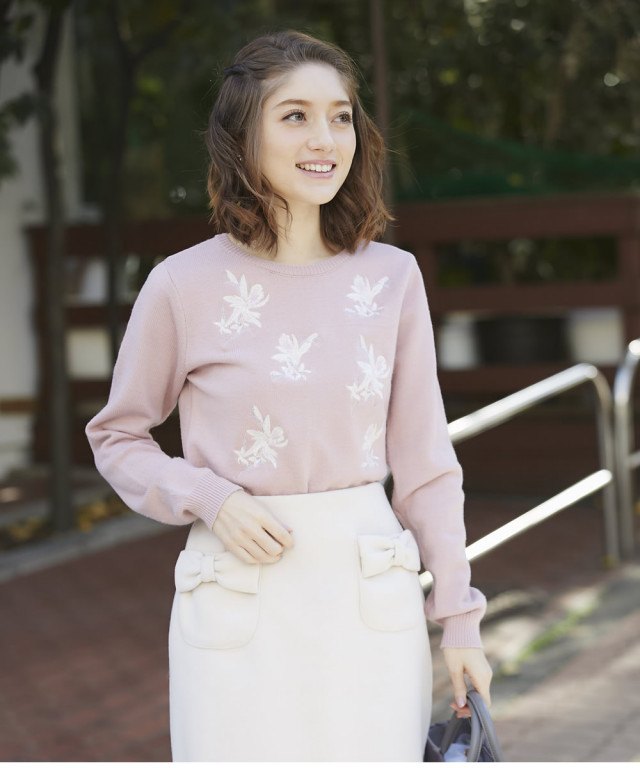 ウィンターセール激安 レディース フラワー エンブロイダリー ニット