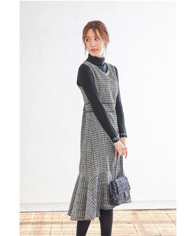 即買いしたい逸品◎パール付きウエストフリンジ装飾ツイード  