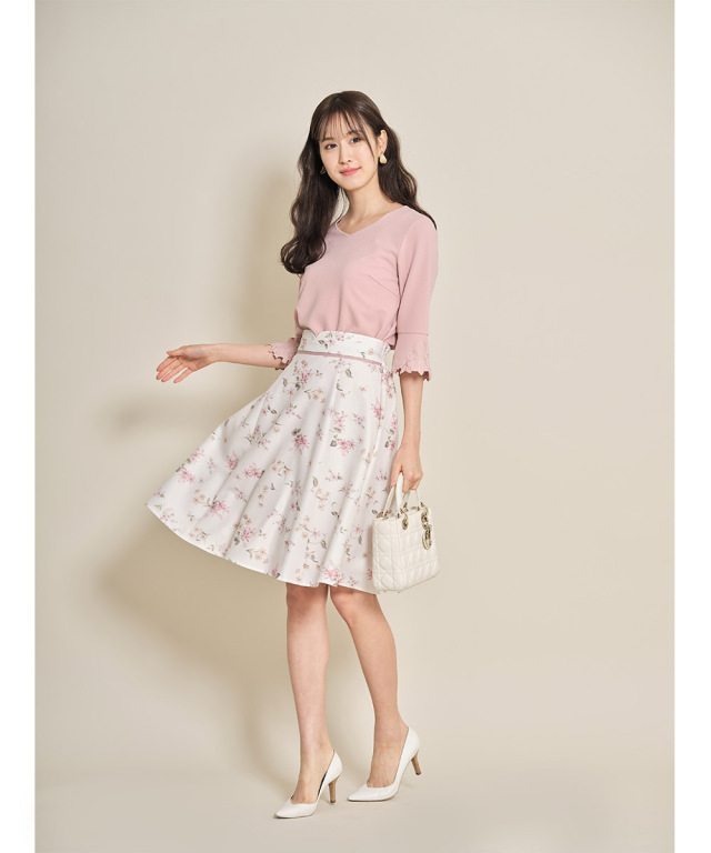 配色ライン入りハートウエストフラワープリントフレアスカート