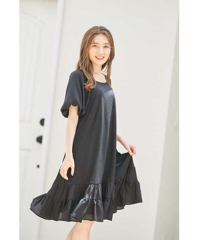 ふんわりリラクシー♪ボリュームスリーブティアードワンピース 