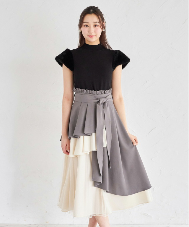 ウエストリボン付きアシメフリル×チュールスカート