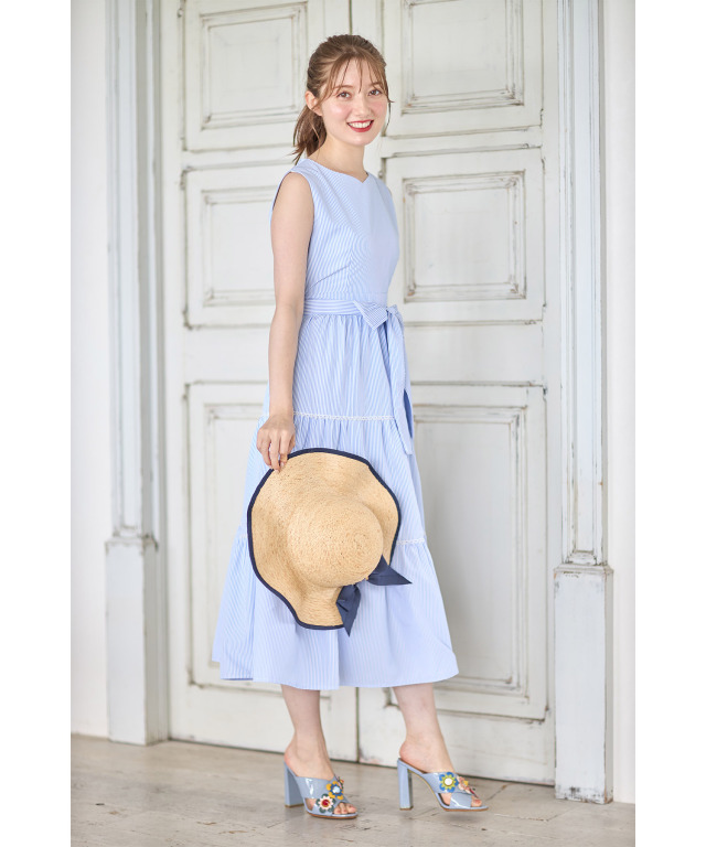 merci エストネーション リネンフレアストライプワンピース リボン Shoulderリボンストライプワンピース | DRESS/ONEPIECE | Merci