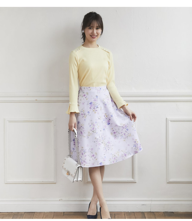 クラシカルレディに変身♪パール付きフラワープリントフレアスカート 