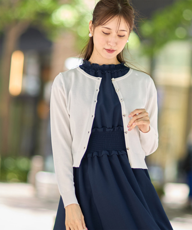 TOCCA✨ネイビー クロップド丈　カーディガン M フラワービジュー付きショート丈リブニットカーディガン