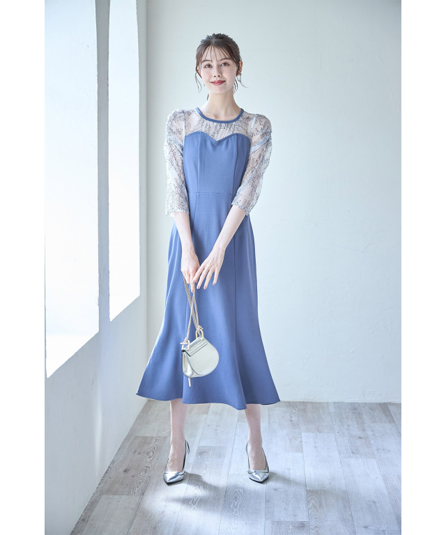 シャーリングスリーブレース切り替え配色マーメイドワンピース 