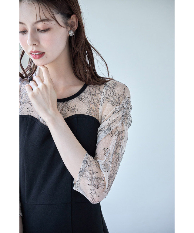 シャーリングスリーブレース切り替え配色マーメイドワンピース 