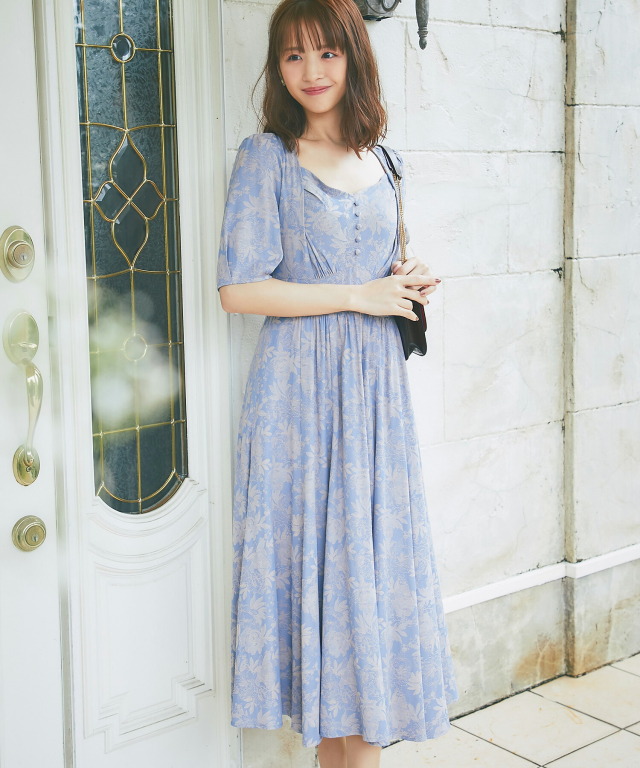 くるみ飾り釦付きフロント切替ジャガードフラワーワンピース