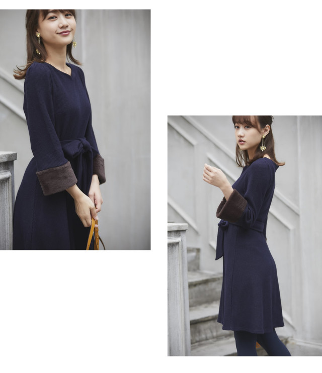 ふわもこ袖ファー付きウエストりぼんハートネックワンピース【fomane  