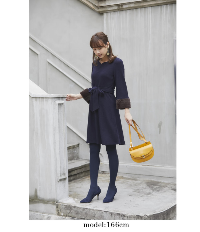 ふわもこ袖ファー付きウエストりぼんハートネックワンピース【fomane  