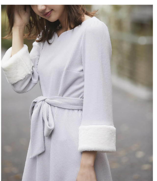 ふわもこ袖ファー付きウエストりぼんハートネックワンピース【fomane  