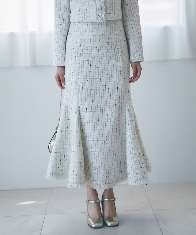 バックレースアップコルセット風スパンコールツイードマーメイドスカート 