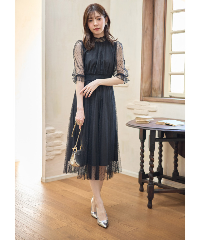 シャーリングドットチュールプリーツワンピース 