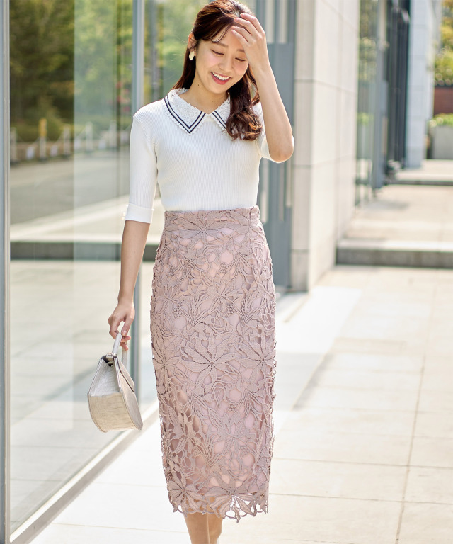 カットワークフラワーレース刺繍タイトスカート 