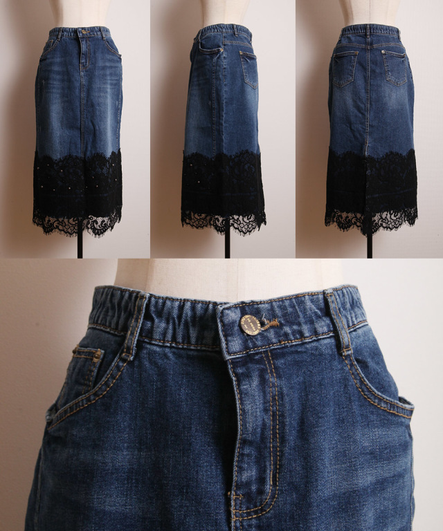 ビジュー付きレース装飾デニムスカート