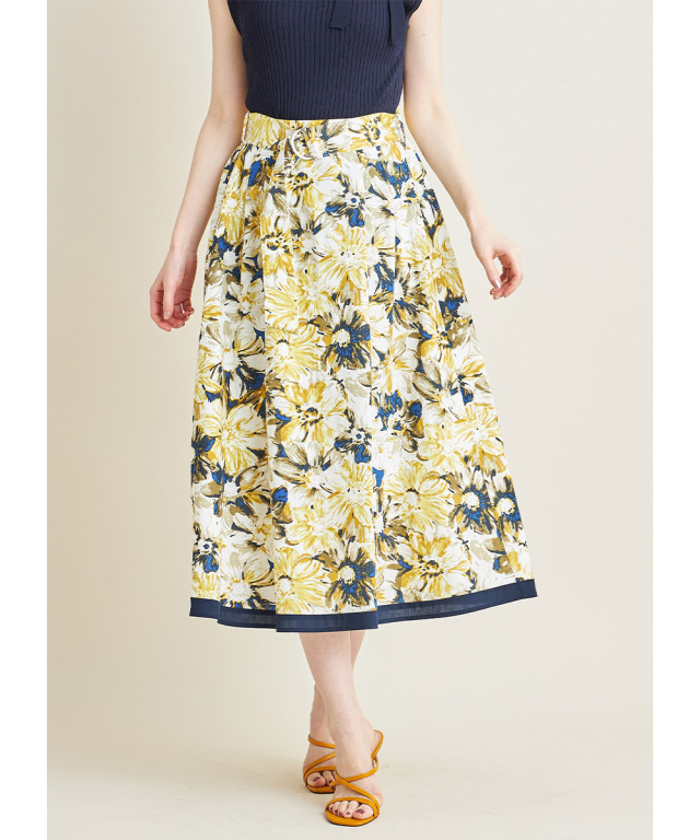 ベルト付き配色ライン入りフラワープリントタックフレアスカート 