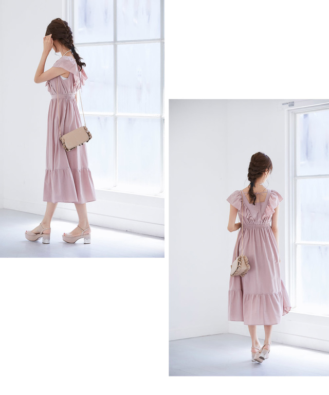 コンフォタブルな後ろりぼん付きカシュクールフリルマキシワンピース 