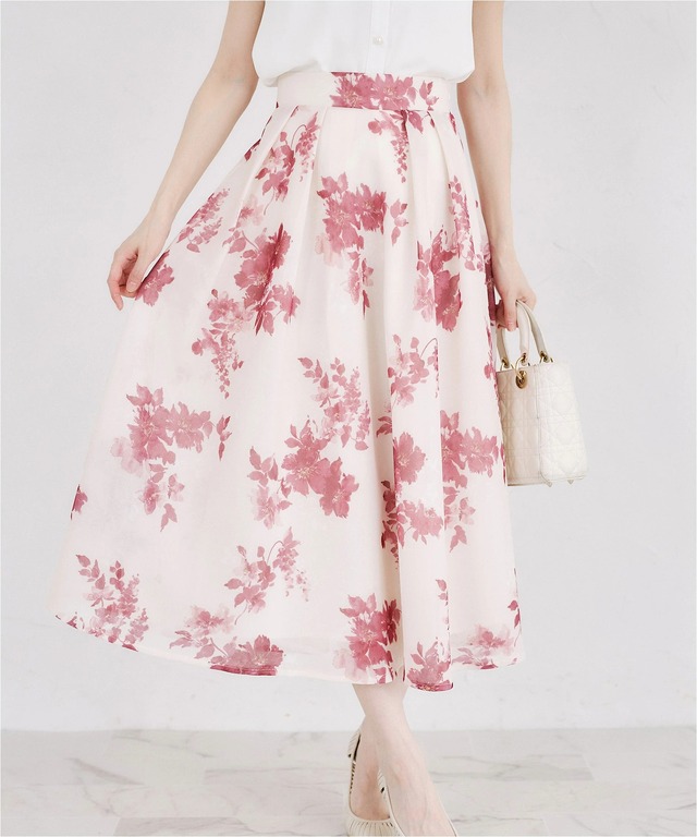 シアーボンディングフラワープリントタックフレアスカート