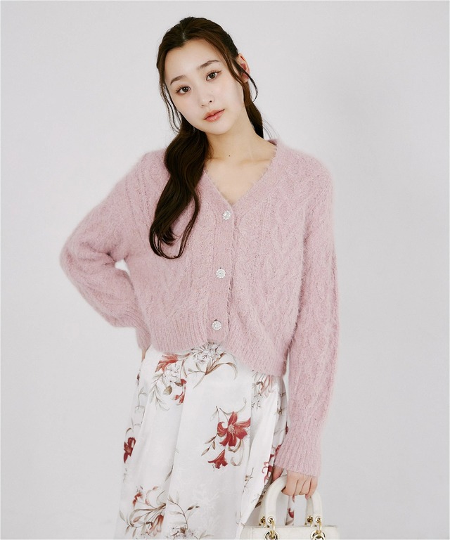 ビジュー釦ケーブル編みシャギーミックスニットカーディガン