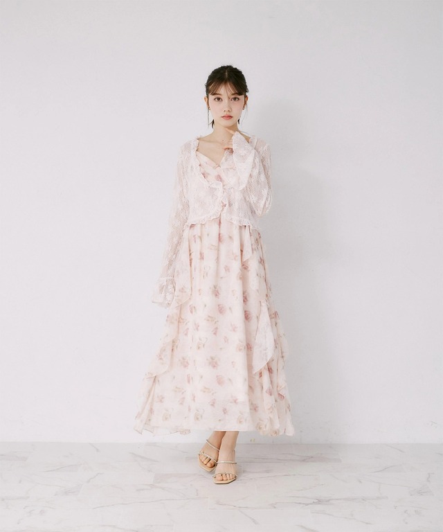 フリルカーディガン×水彩フラワーキャミワンピースセット