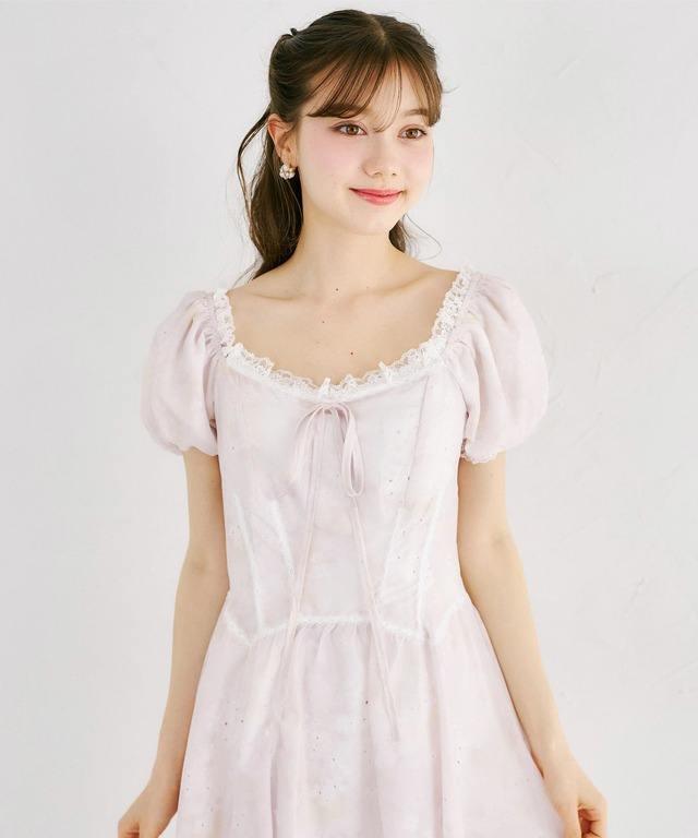 レーストリミング水彩フラワープリントミニワンピース