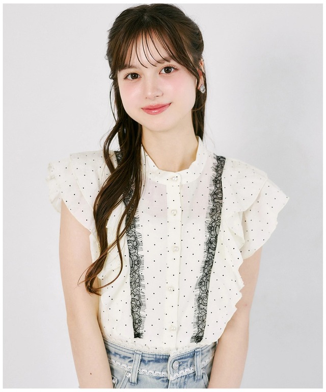 【一点物 】シャツ ドローコード フリル レース 再構築 オーバーサイズ XL フレンチシックな大人の愛され服♪レース装飾ドットラッフルフリルブラウス