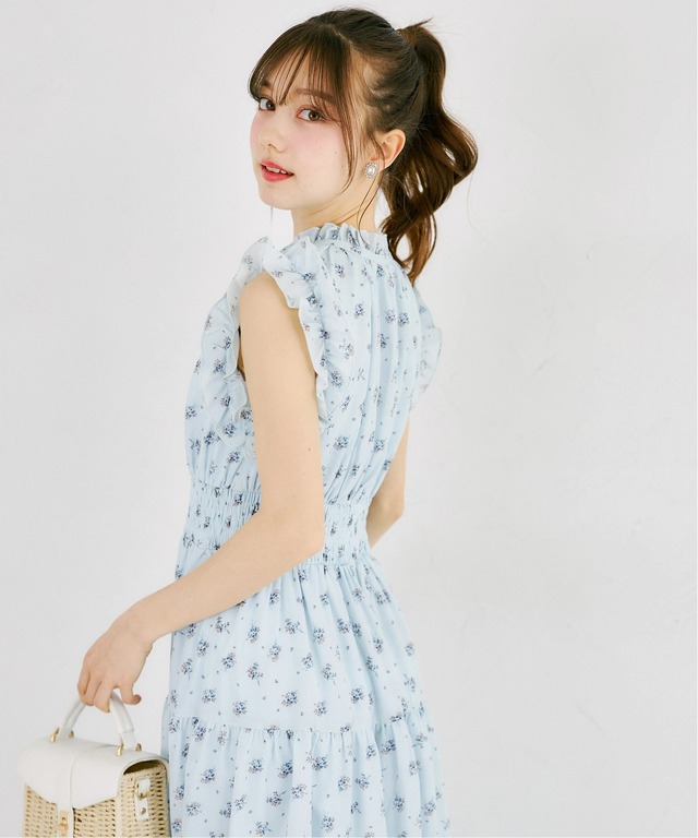 リボン付きプチフリル小花柄プリントワンピース