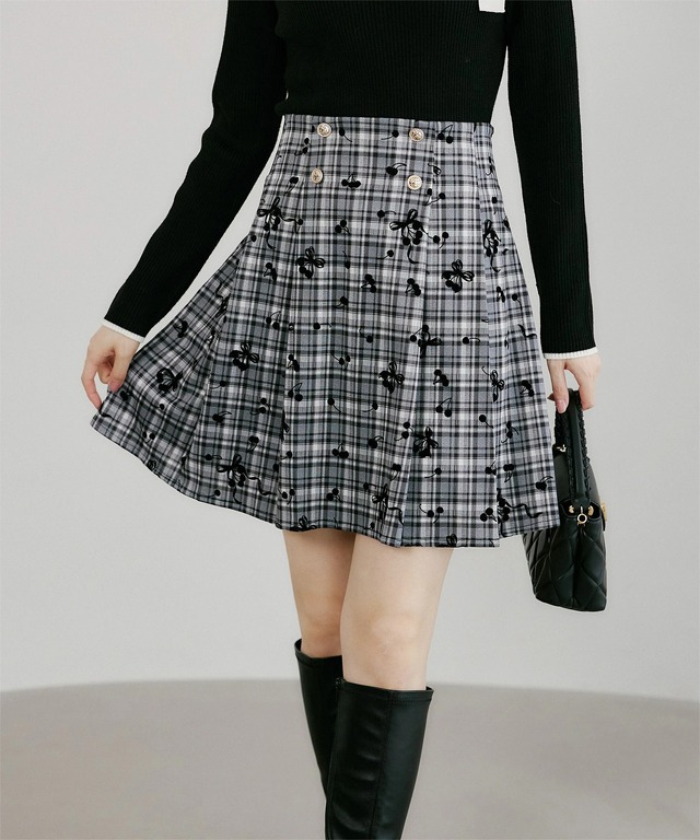 チェック×チェリーフロッキーミックスボックスプリーツミニスカート