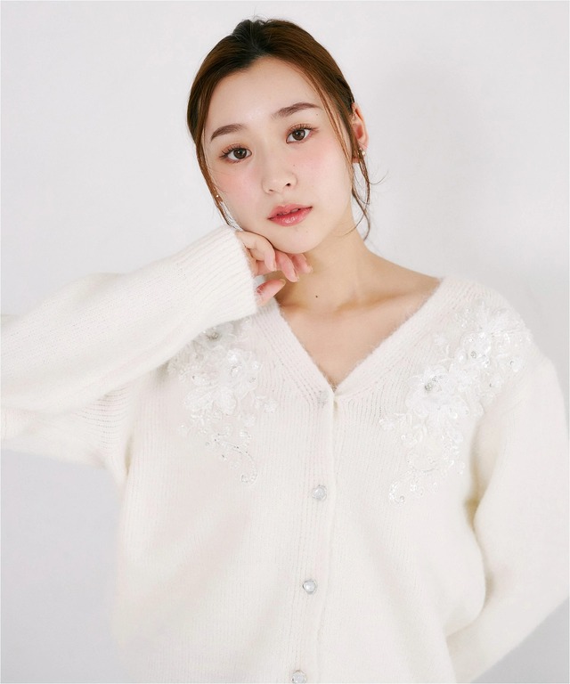 立体フラワースパンコールビーズ刺繍ニットカーディガン