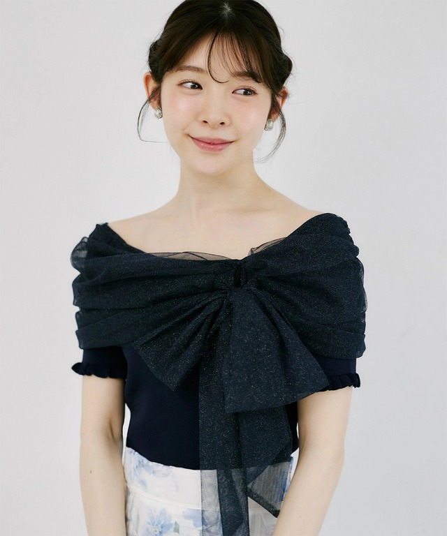 tocco♡リボンオフショルダー 肩リボン付きオフショル風フラワープリントワンピース