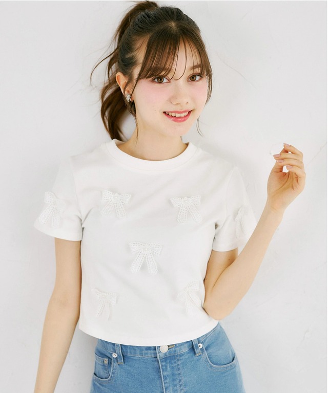 MUVEIL リボン付きホワイトTシャツ Tops | KOKO