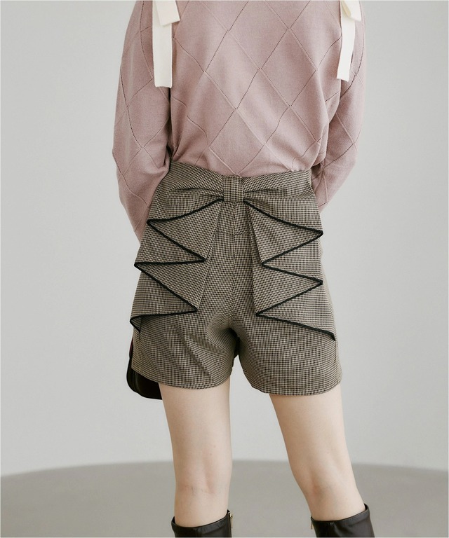 後ろラッフルリボン千鳥格子柄ショートパンツ