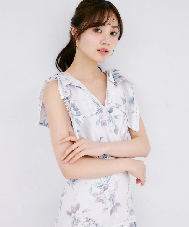 肩リボン付きハシゴレースティアード切り替えカシュクールワンピース