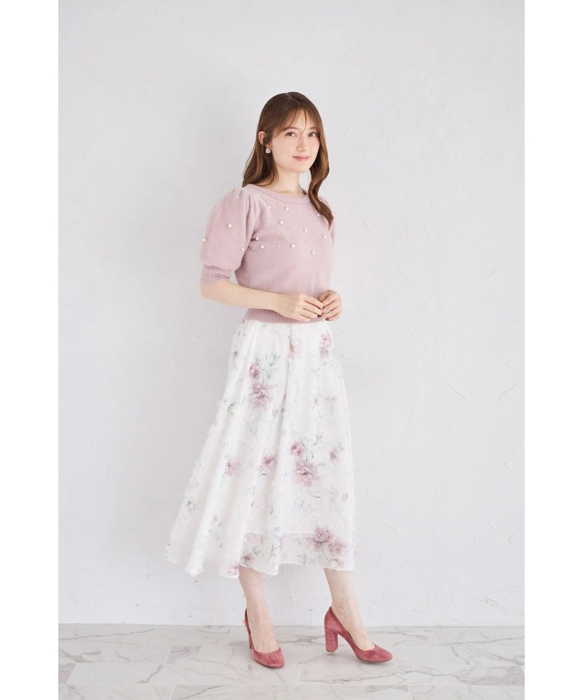 ジャガードフラワープリントタックフレアスカート